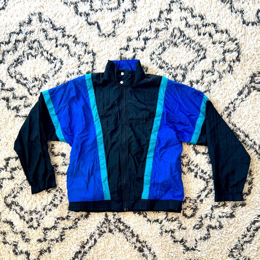Vintage Akita Wear Track Suit Windbreaker Jacket Retro 90s Black Blue Size Large